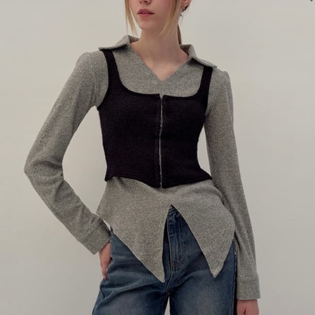 yuse WOOL KNITTED BLOCK SHIRT TOP