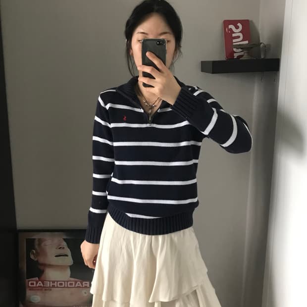 폴로 랄프로렌 포니 로고 스트라이프 반집업 니트