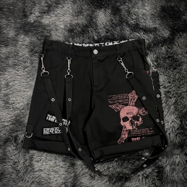 Mad Punks 스컬 프린팅 서스펜더 숏팬츠