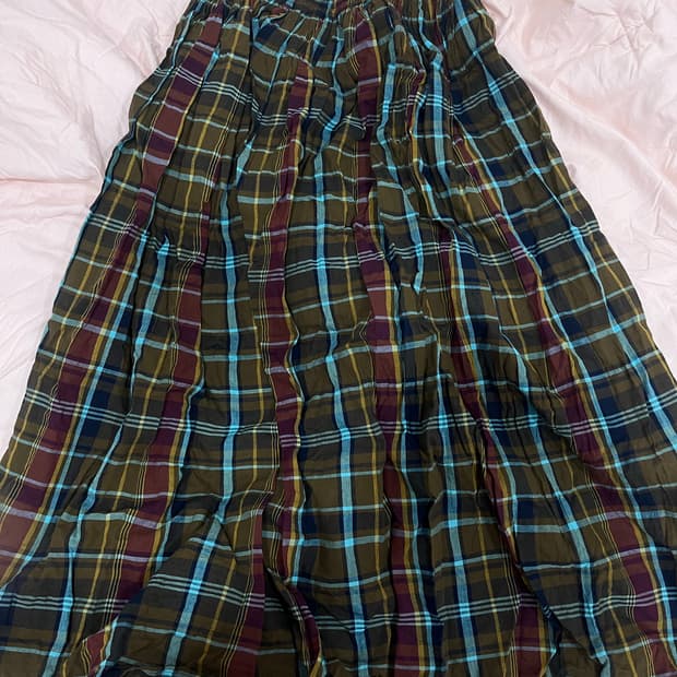 모리걸 로리즈팜 체크 카키 롱스커트