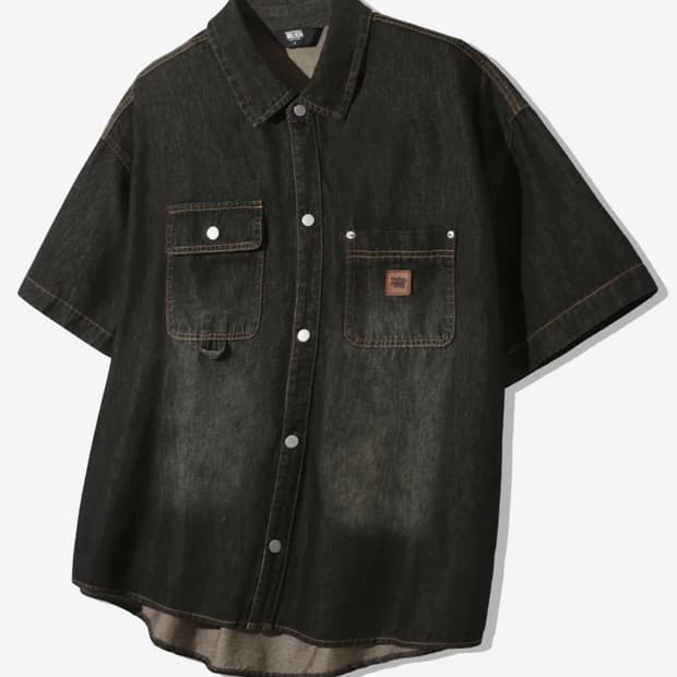 트릴리온 데님 반팔 셔츠, 레더 패치 데님 셔츠