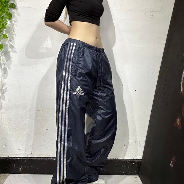 아디다스 네이비 유광 실버 삼선 와이드 트랙 팬츠 L