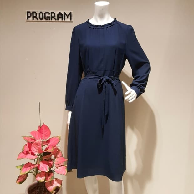 프로그램 프릴 넥 벨트 A라인 쉬폰 원피스 플레어 네이비 97 77