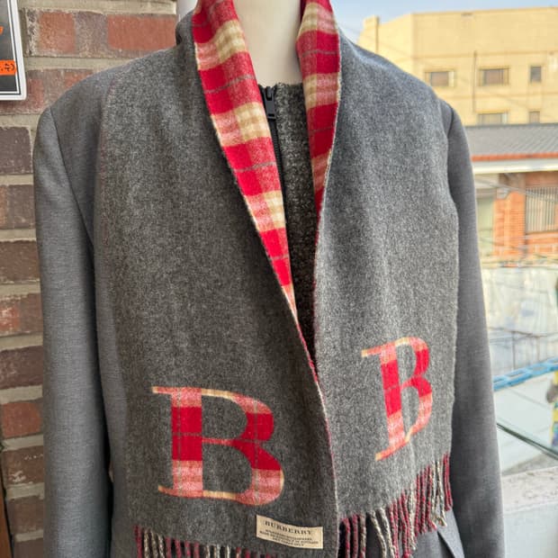 버버리 BURBERRY B로고 체크 양면 머플러 그레이 레드 FREE