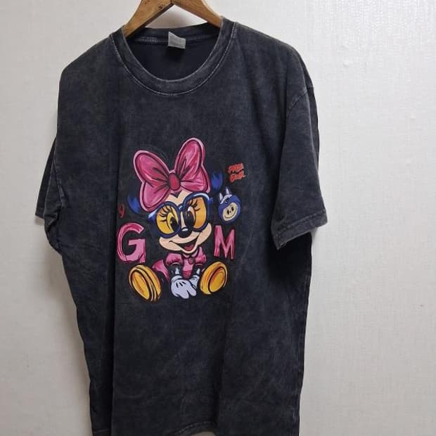 페이디드 차콜(먹색) 먹물 워싱 미니 케릭터 티셔츠XL