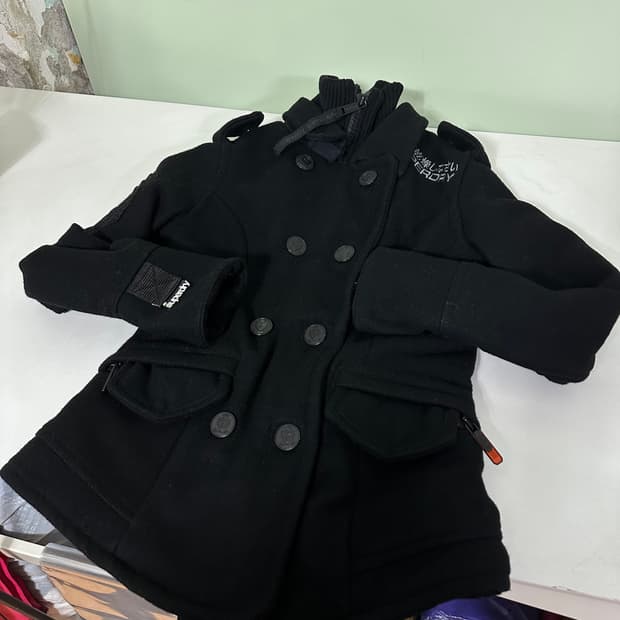 우먼XS 슈퍼드라이 기본로고 블랙 울 피코트자켓