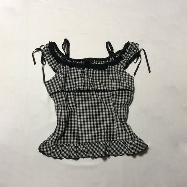레이스 깅엄체크 블라우스 블랙