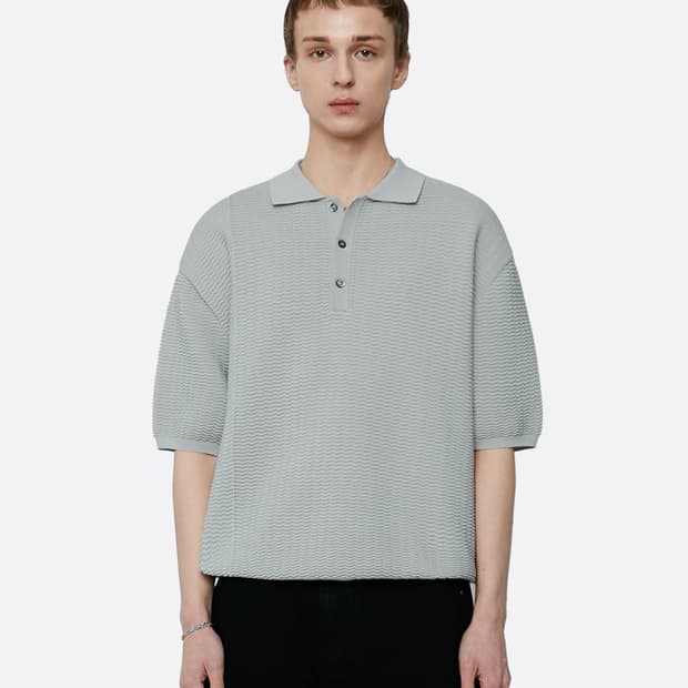 엘무드 웨이브 절개 PK 하프 니트 반팔 셔츠 CLOUD GRAY 44