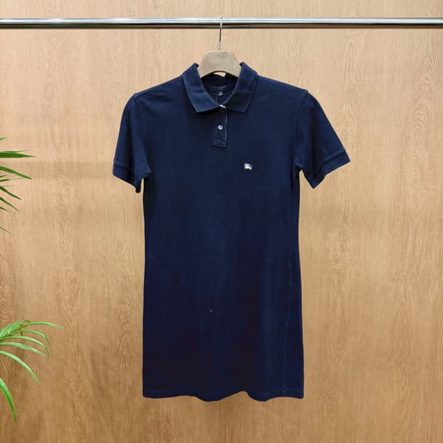 버버리 런던 미디 원피스 버튼 카라 반팔 로고 자수 디테일 무지 네이비