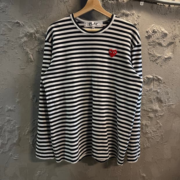 XL 꼼데가르송PLAY 스트라이프 하트 패치 긴팔 티셔츠 블랙