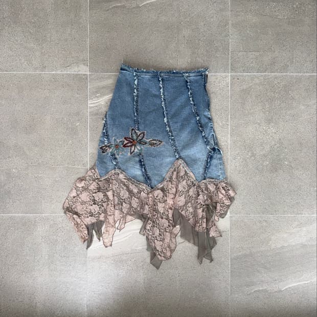 Washing denim ash pink floral lace skirt