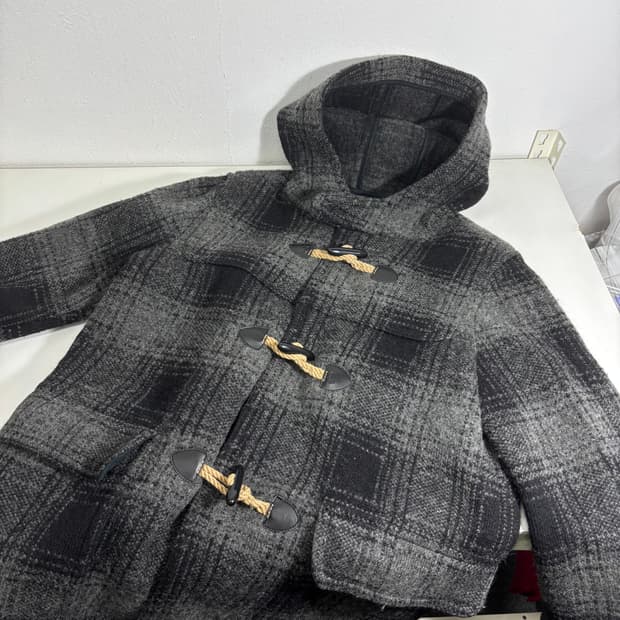 우먼M-L 갭 GAP 검그레이 체크 울 후드더플코트 떡볶이코트