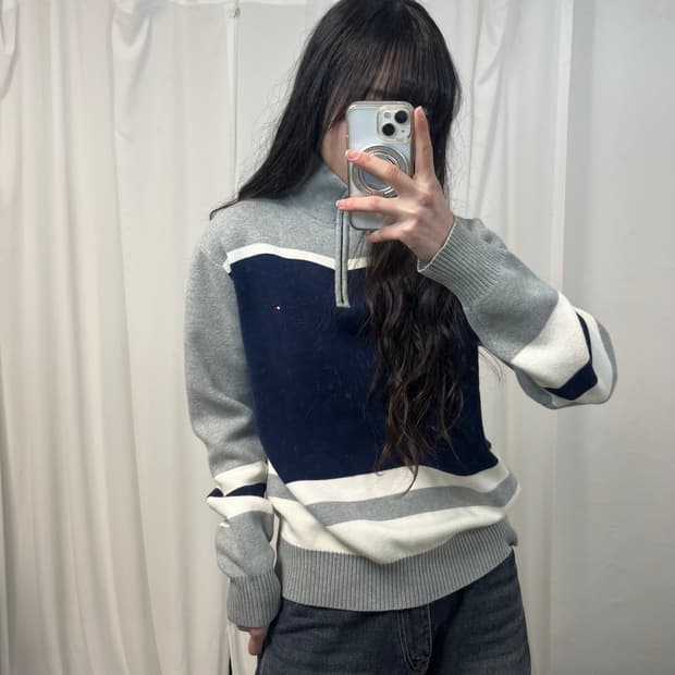 Tommy Hilfiger Grey × Navy Half-Zip Knit