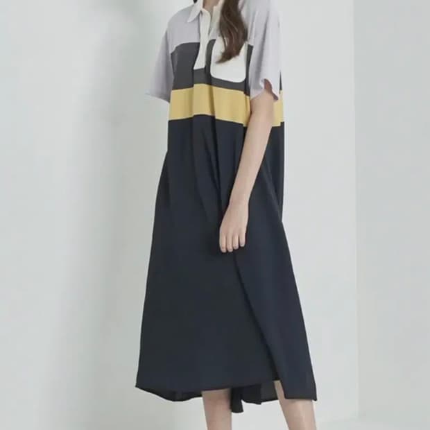 SJSJ 컬러블록 오픈카라 드레스