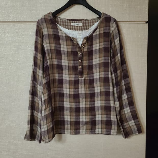 일본 빈티지 브라운 체크 레이어드 긴팔 티셔츠 블라우스 레이스 모리걸
