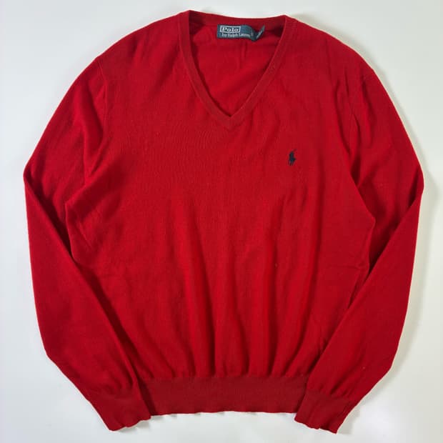 Polo  폴로 랄프로렌 자수 브이넥 레드 울 니트  