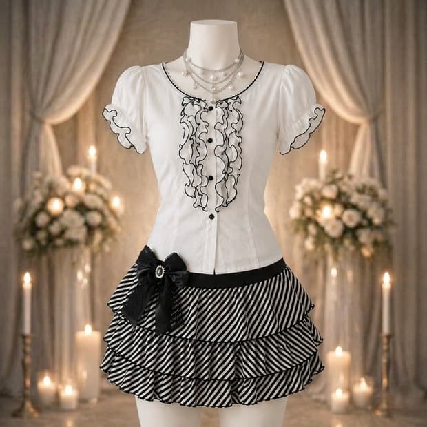 로걀 갸루 큐빅리본 스트라이프 스커트