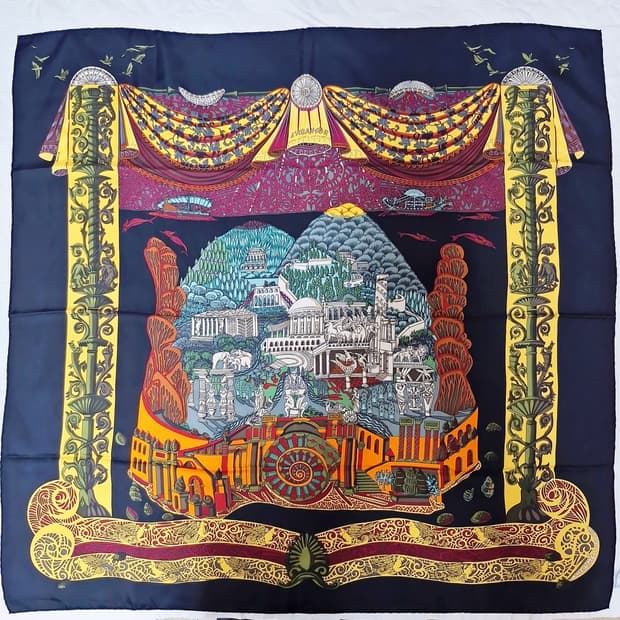 에르메스 까레 90 희귀 스카프 L' Atlantide 블랙 오렌지 레드