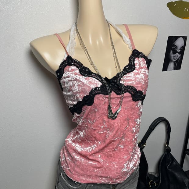 갸루 러블리 핑크 블랙 벨벳 레이스 슬리브리스