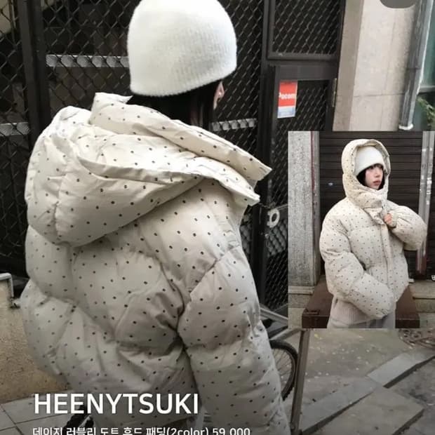 플라워 도트 후드 패딩 더기 히니츠키 땡땡이 모브앤로지