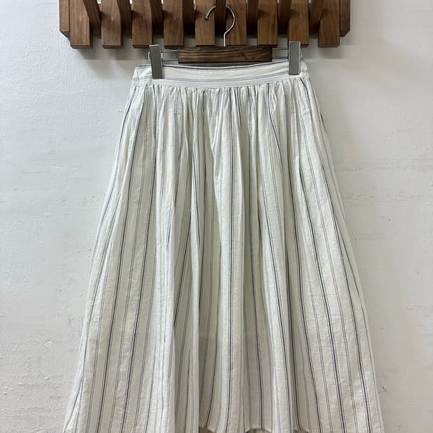 일본빈티지 스트라이프 코튼 린넨 혼방 플레어 미디 스커트 