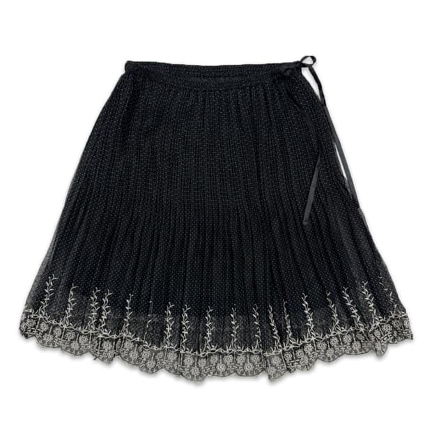 빈티지 블랙 도트 리본 플레어 미디 스커트