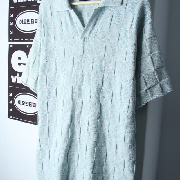 (L-XL) 왓에버위원트 반팔 카라 티셔츠 니트 체크 연블루-H33625