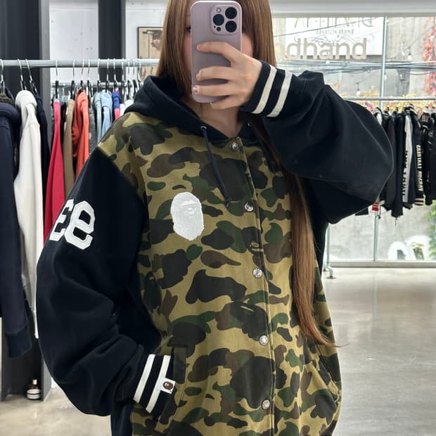 베이프 카모 넘버링 후드 스타디움 점퍼 녹계 XXL