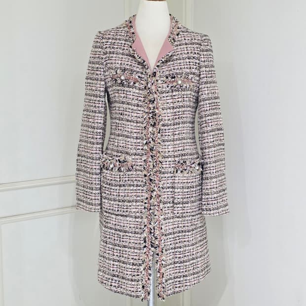 soup 빈티지) 핑크 트위드 로맨틱 여성 세미 히메 롱자켓코트