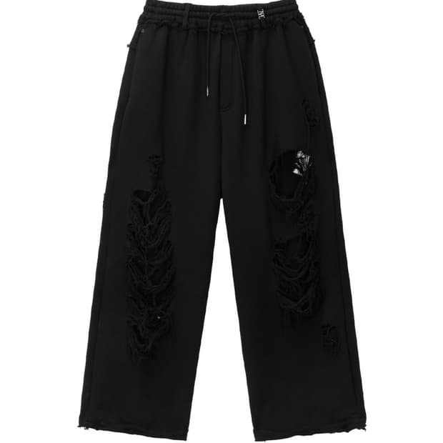 트리밍버드 스크래치 데미지 와이드 스웻 팬츠 블랙