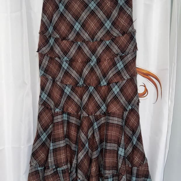 울 100 머메이드 체크 모리 롱 스커트