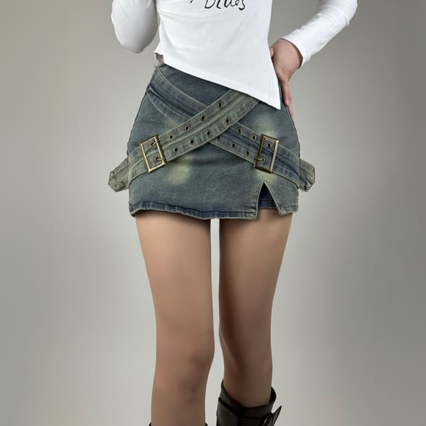 워싱 데님 트윈 치마바지