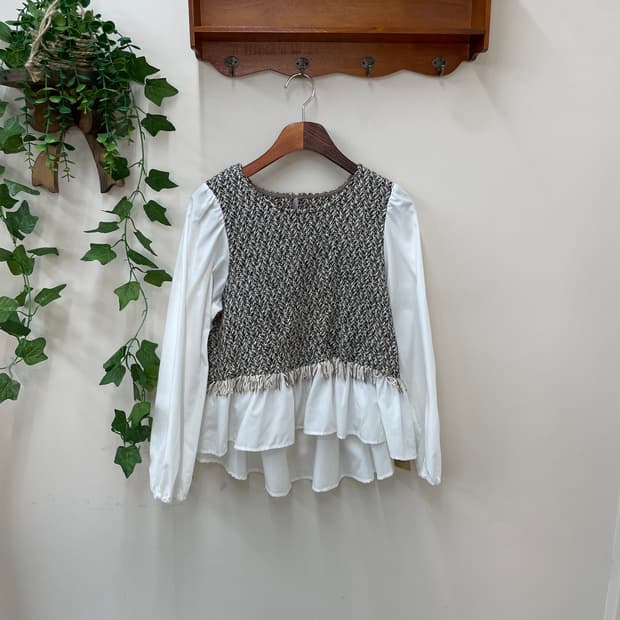 프레피 너드 트위드 니트 레이어드 프릴 블라우스