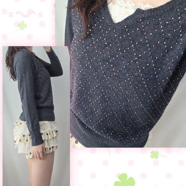 차콜 비즈 아가일 니트