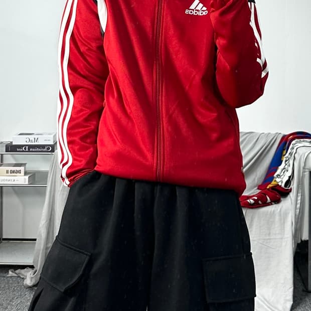 아디다스 레드 삼선 트랙탑 져지 M