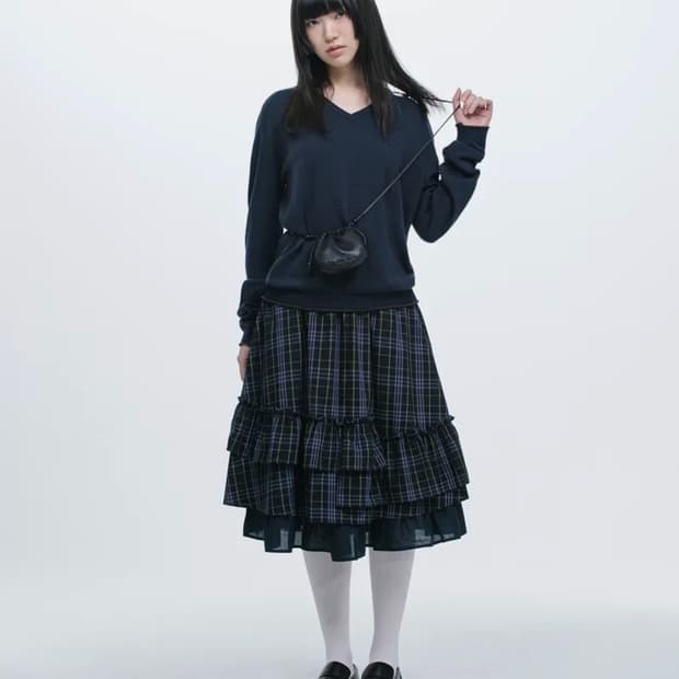 오헤시오 CHECK FRILL MIDI SKIRT, NAVY