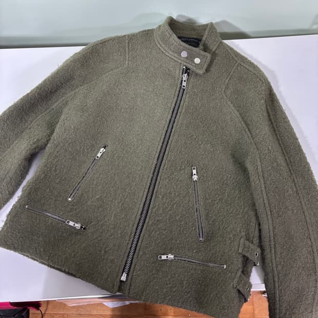 우먼M-L 자라 카키 울 부클 블루종자켓