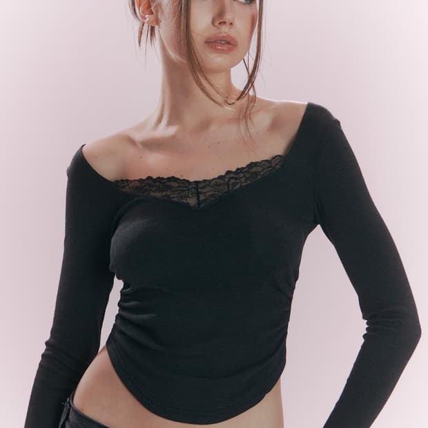 플리즈노팔로우 Vera Lace Shirring Long Sleeve T
