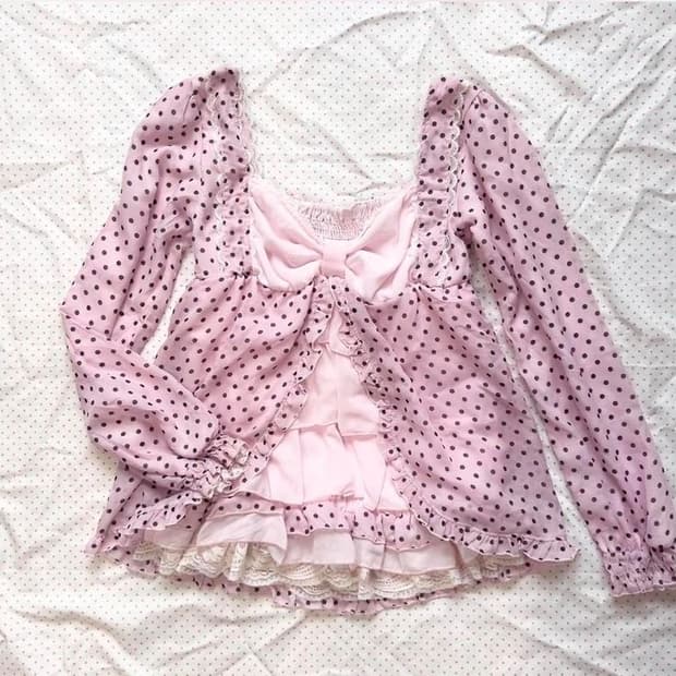 (구해요) 트랄라라 오프숄더 빈티지 히메갸루 핑크 도트 레이스 리본 체인