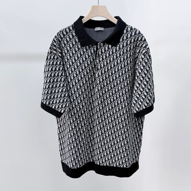 [S+급/XL] 디올 오블리크 자카드 반팔 니트 카라티 블랙