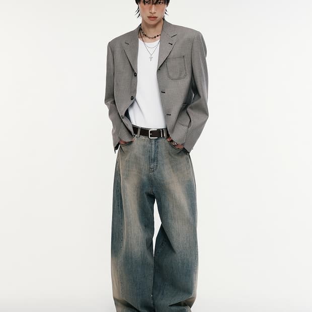 알렌느 3버튼 울 체크 크롭 블레이저 그레이시베이지 2