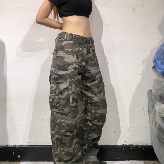 일본 빈티지 카키 카모 밀리터리 와이드 카고 팬츠 
