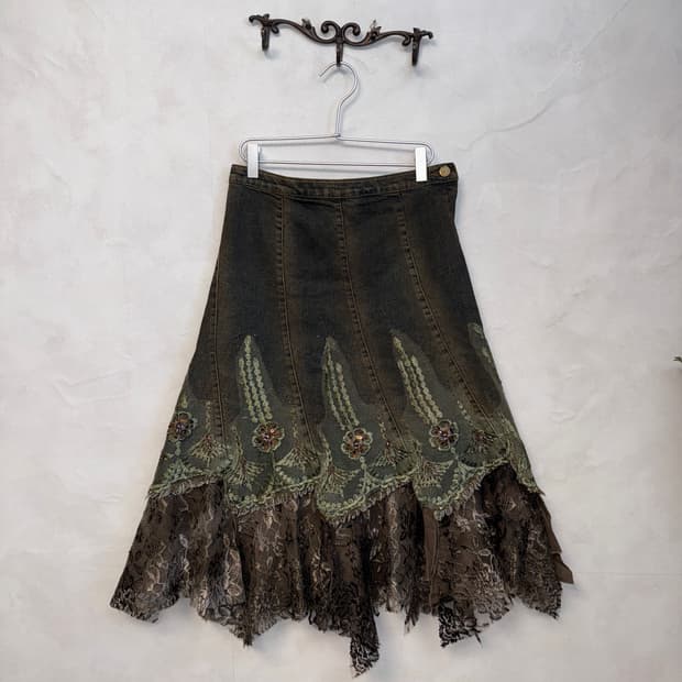 Washing denim fairy beads lace unbal sk