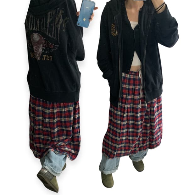 레드 프란넬 체크 스커트 레이어드