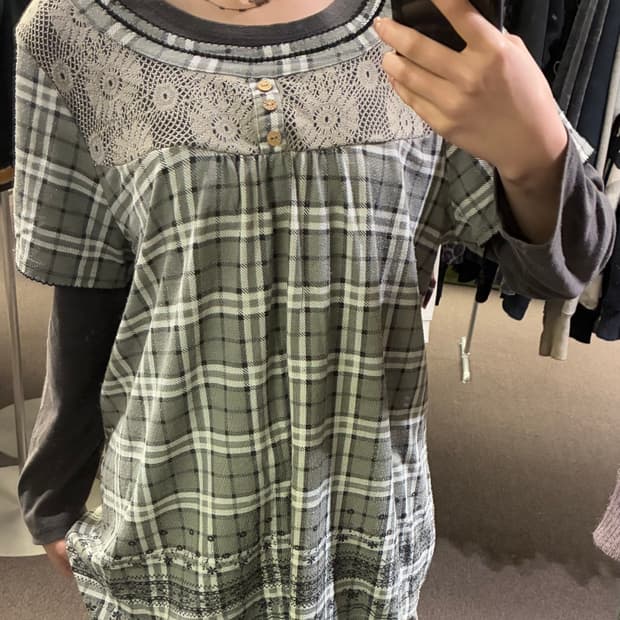 3L) Japanese vintage 여성 레이어드 체크무늬 롱 슬리브