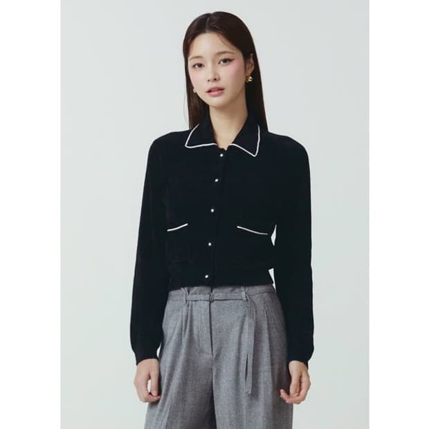 잇미샤 2023 배색 포인트 니트 카라 가디건 블랙 55사이즈