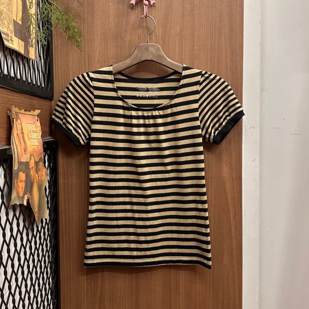 Beige Black Stripe Shirring Top