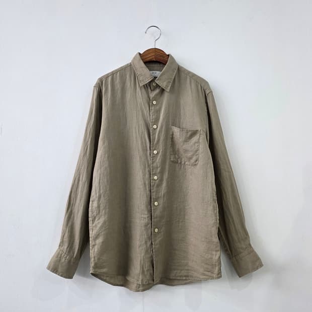 재팬 유니클로 린넨100 카키 베이지 셔츠 남녀공용
