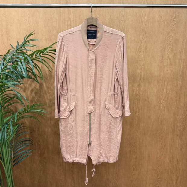 올세인츠 라이트 웨이트 롱 자켓 미니멀 드레이프 드로스트링 디테일 핑크