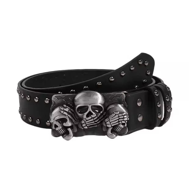 Triple Skull Studded Leather Belt